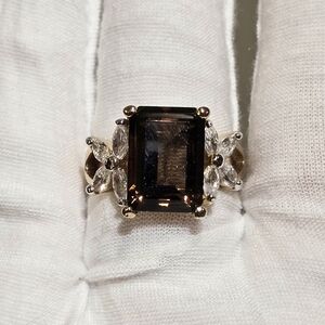Vintage Gold Plated Large Emerald Cut Smoky Quartz Cubic Zirconias Ring Size 9